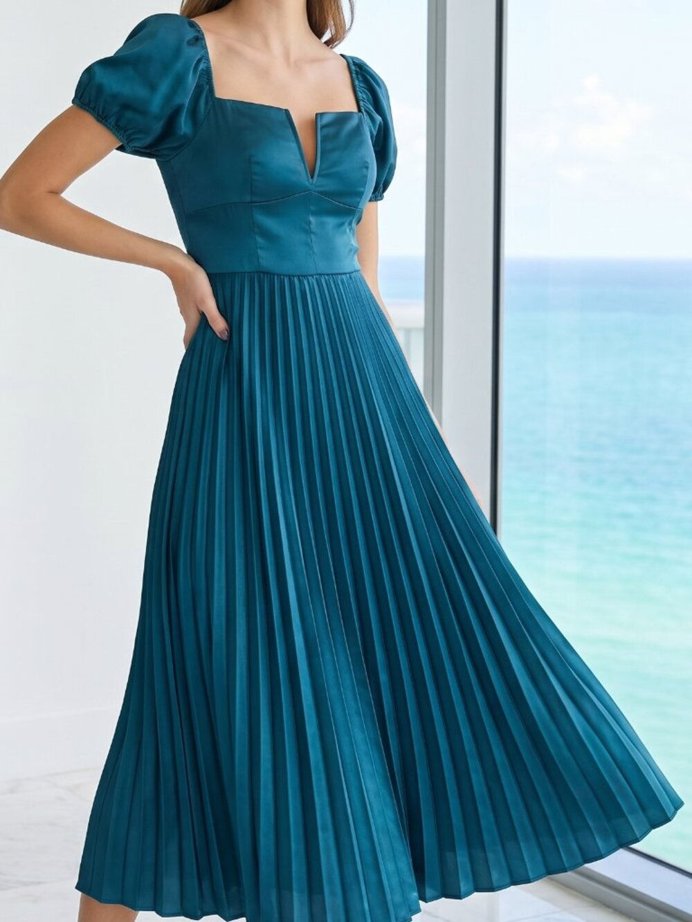 Lulu's Teal Pleated Midi Dress with Puff Sleeves